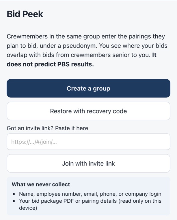 Bid Peek start screen with the invite link box